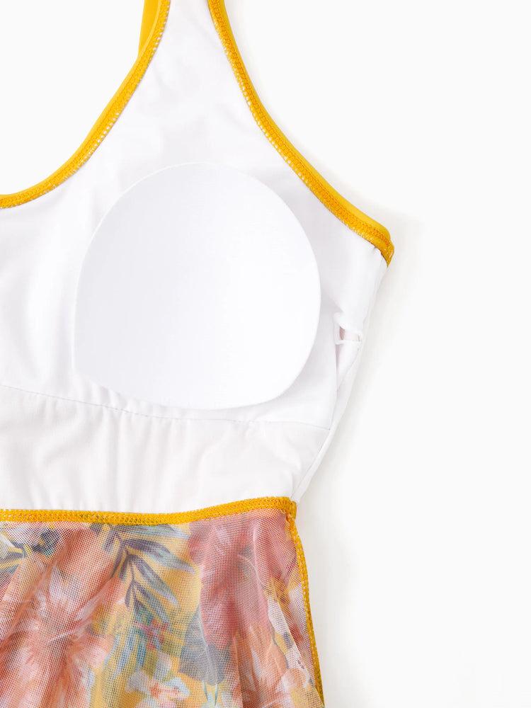 Mommy & me Floral Drawstring Flowy Spliced Mesh Swim Dress with Triang