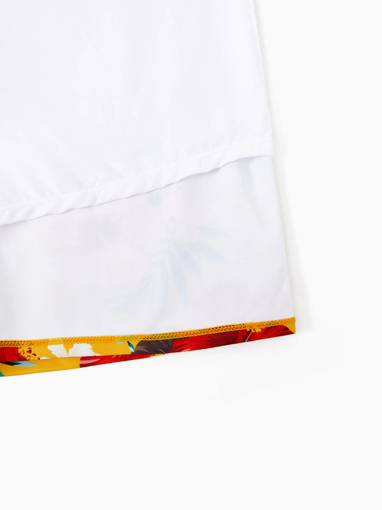 Daddy & Daughter Floral Drawstring Swim Trunks or Flowy Spliced Mesh Swim Dress with Triangle Swim Bottom Yellow