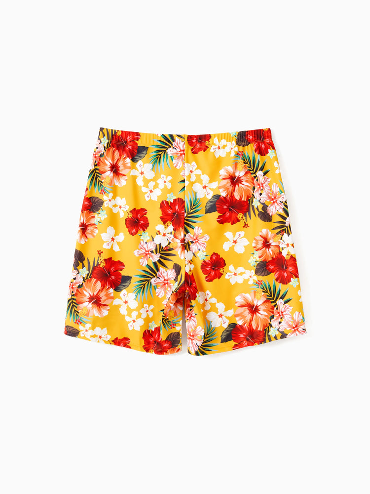 Daddy & Daughter Floral Drawstring Swim Trunks or Flowy Spliced Mesh Swim Dress with Triangle Swim Bottom Yellow
