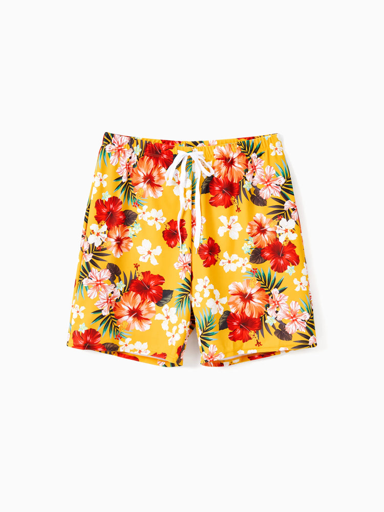 Daddy & Daughter Floral Drawstring Swim Trunks or Flowy Spliced Mesh Swim Dress with Triangle Swim Bottom Yellow