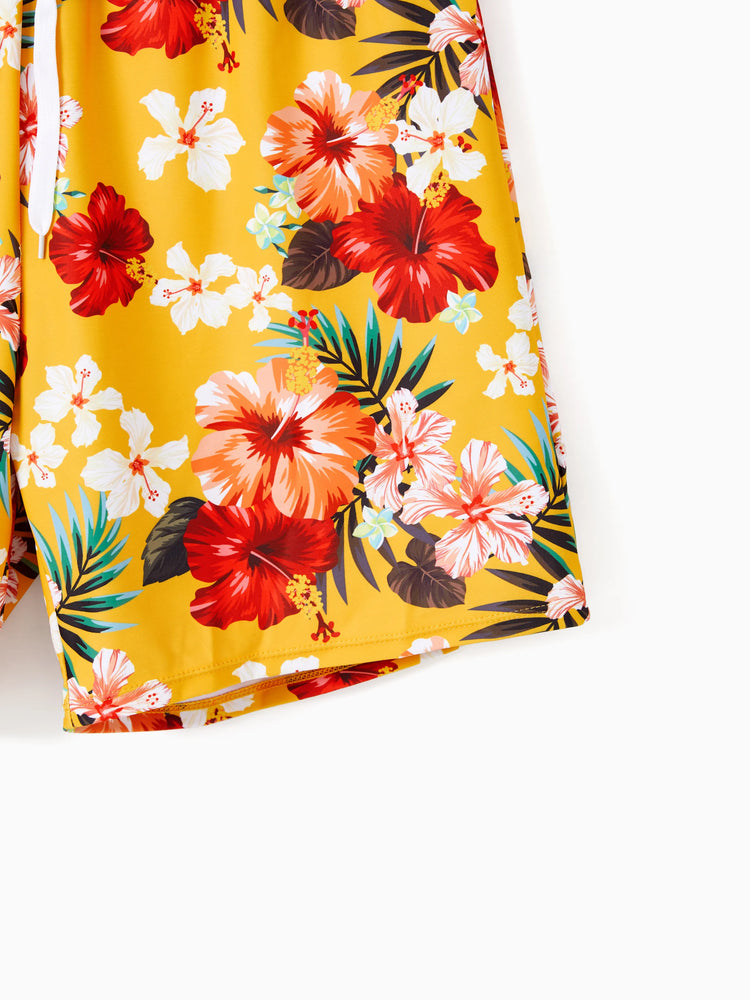 Daddy & Daughter Floral Drawstring Swim Trunks or Flowy Spliced Mesh Swim Dress with Triangle Swim Bottom Yellow