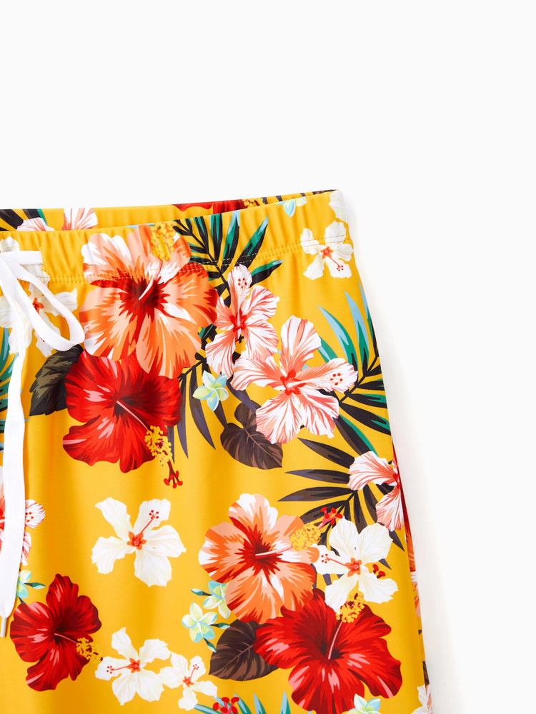 Daddy & Daughter Floral Drawstring Swim Trunks or Flowy Spliced Mesh Swim Dress with Triangle Swim Bottom Yellow