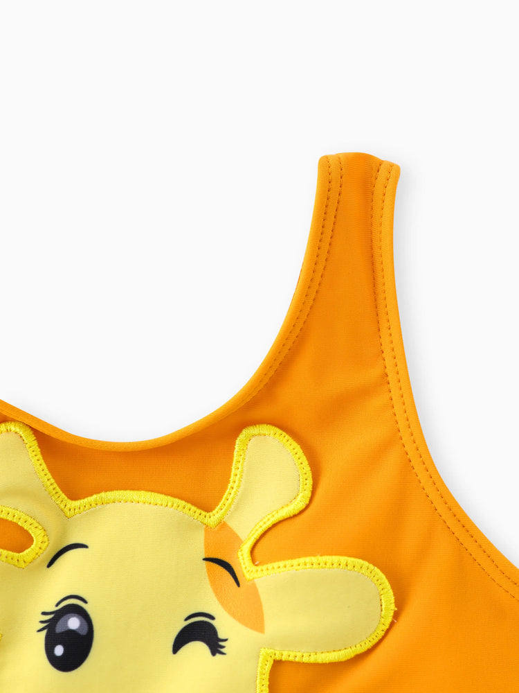 Toddler Girl Playful Giraffe Design Sleeveless Onepiece Swimsuit Orange