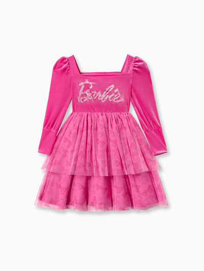 Robe de fée Barbie Kid Girl à paillettes et motif lettres, manches longues, en maille, rose rosé