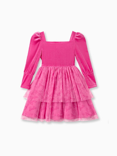 Barbie Kid Girl Glitter Letter Graphic Long-sleeve Mesh Fairy Dress Rosy pink