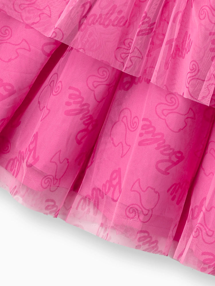 Barbie Kid Mädchen Glitter Letter Grafik Langarm Mesh Kleid  Rosa