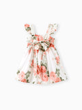 Toddler Girl Floral Print Square Neck Ruffled Bowknot Design Sleeveless Strap Dress Pink