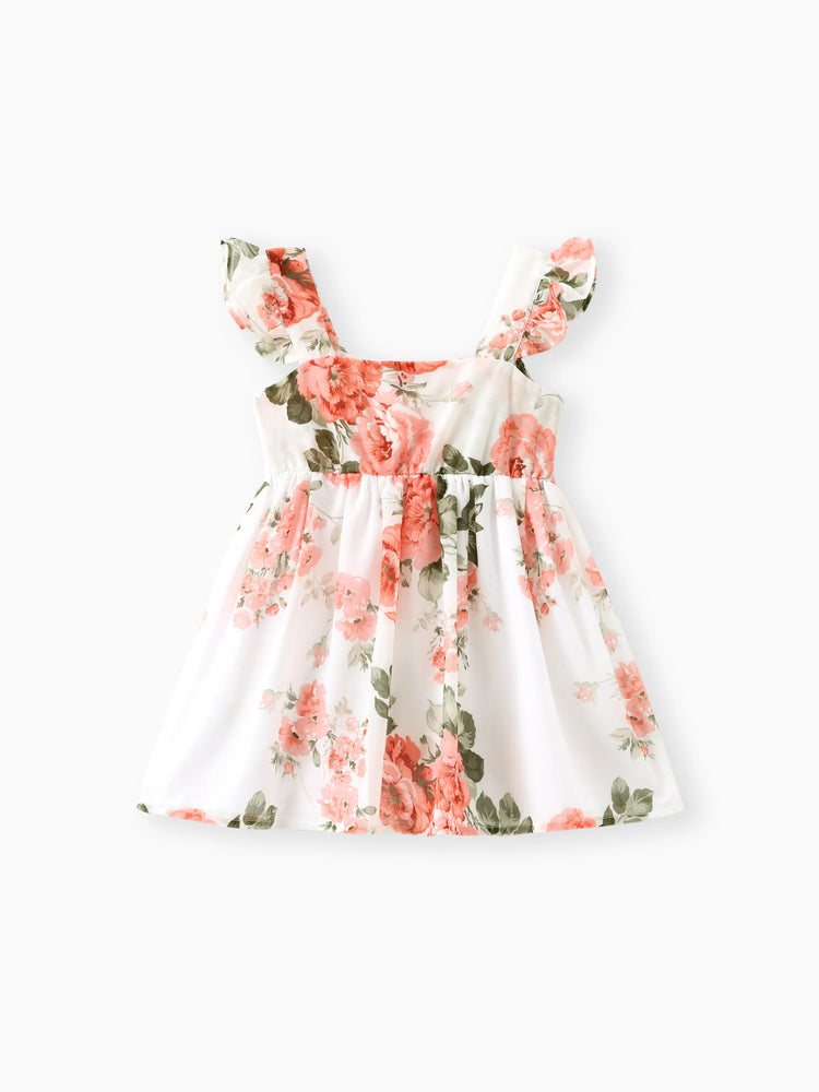 Toddler Girl Floral Print Square Neck Ruffled Bowknot Design Sleeveless Strap Dress Pink