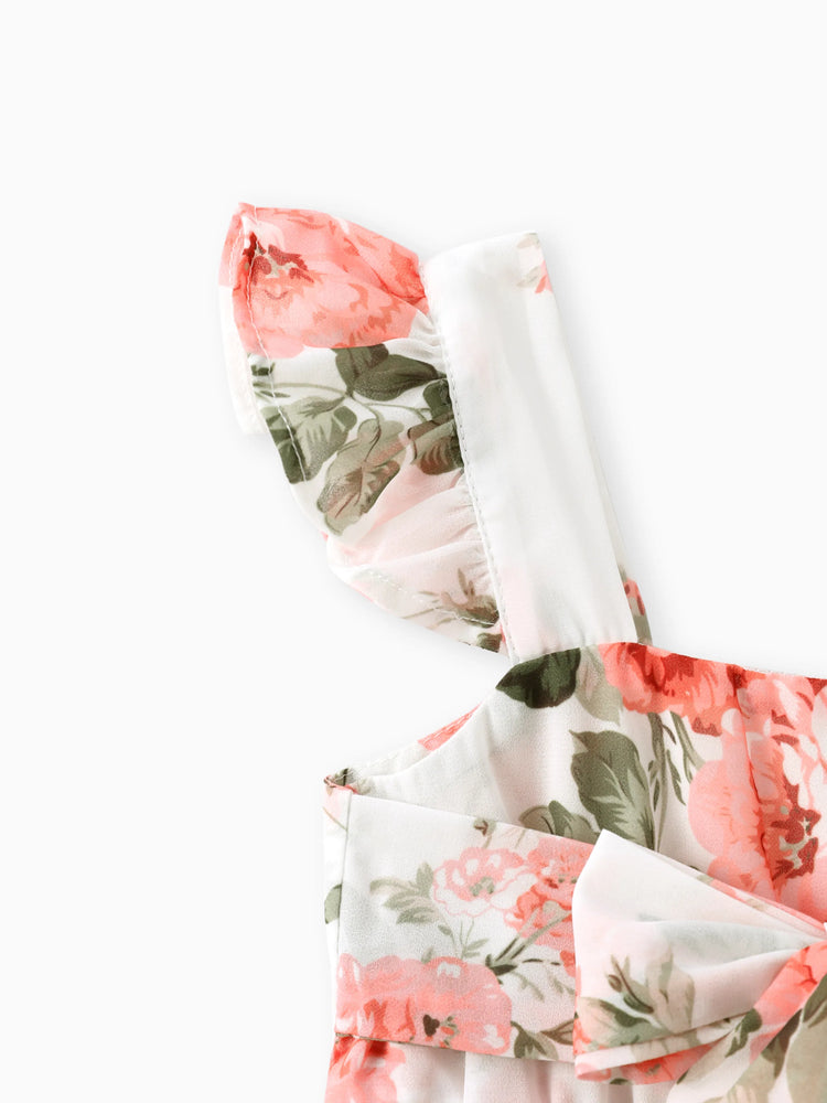 Toddler Girl Floral Print Square Neck Ruffled Bowknot Design Sleeveless Strap Dress Pink