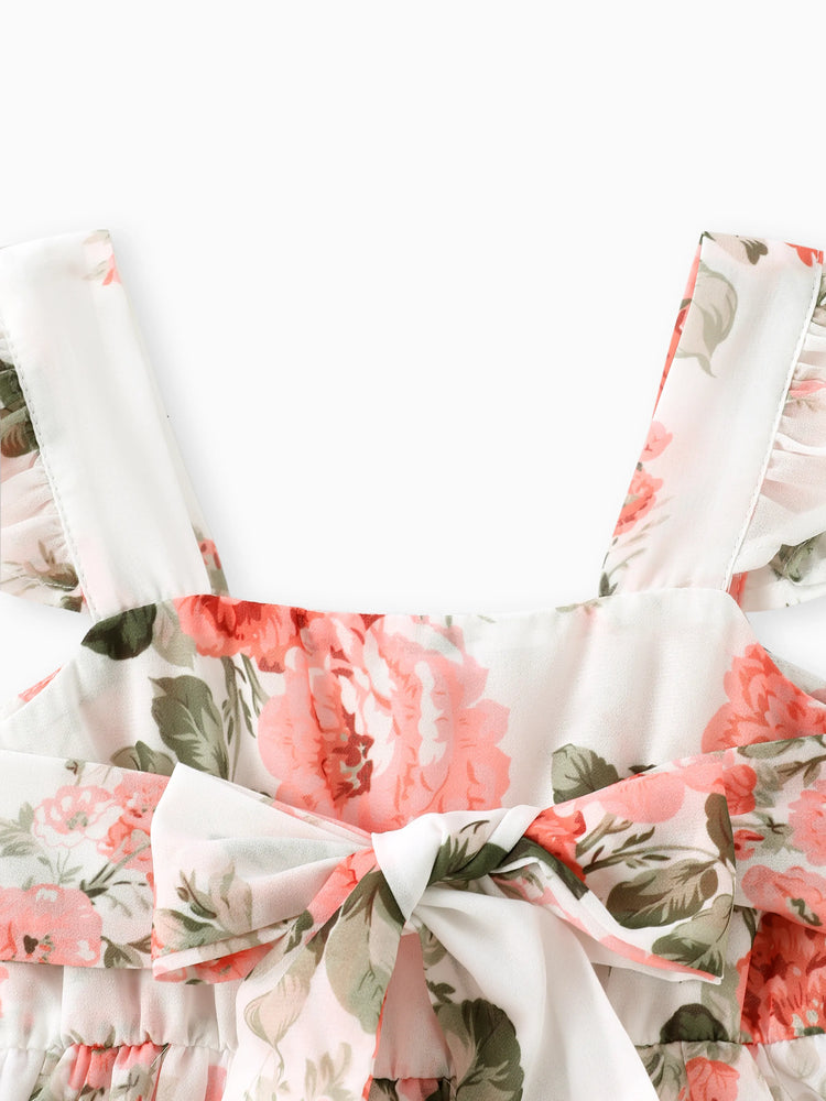 Toddler Girl Floral Print Square Neck Ruffled Bowknot Design Sleeveless Strap Dress Pink