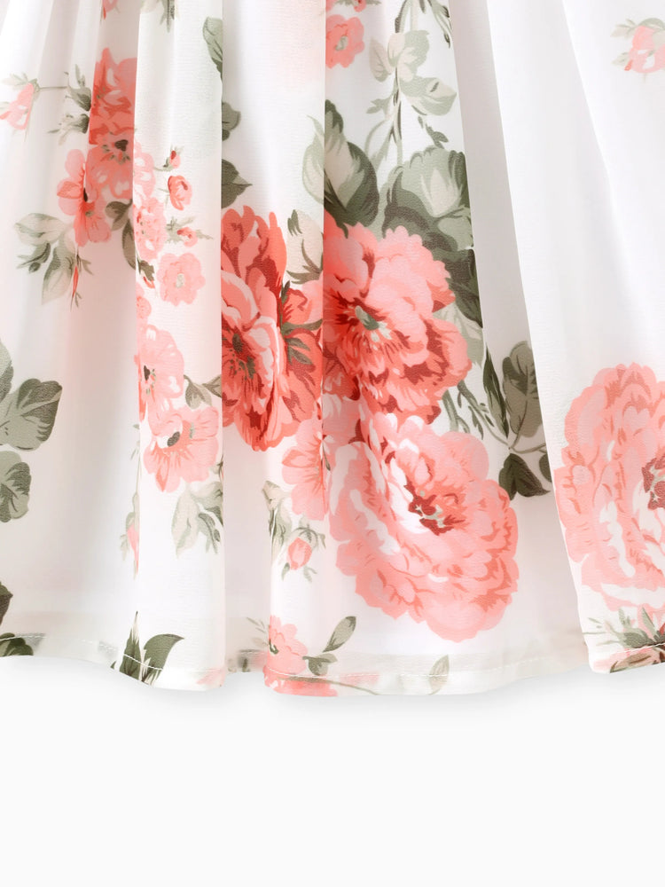 Toddler Girl Floral Print Square Neck Ruffled Bowknot Design Sleeveless Strap Dress Pink