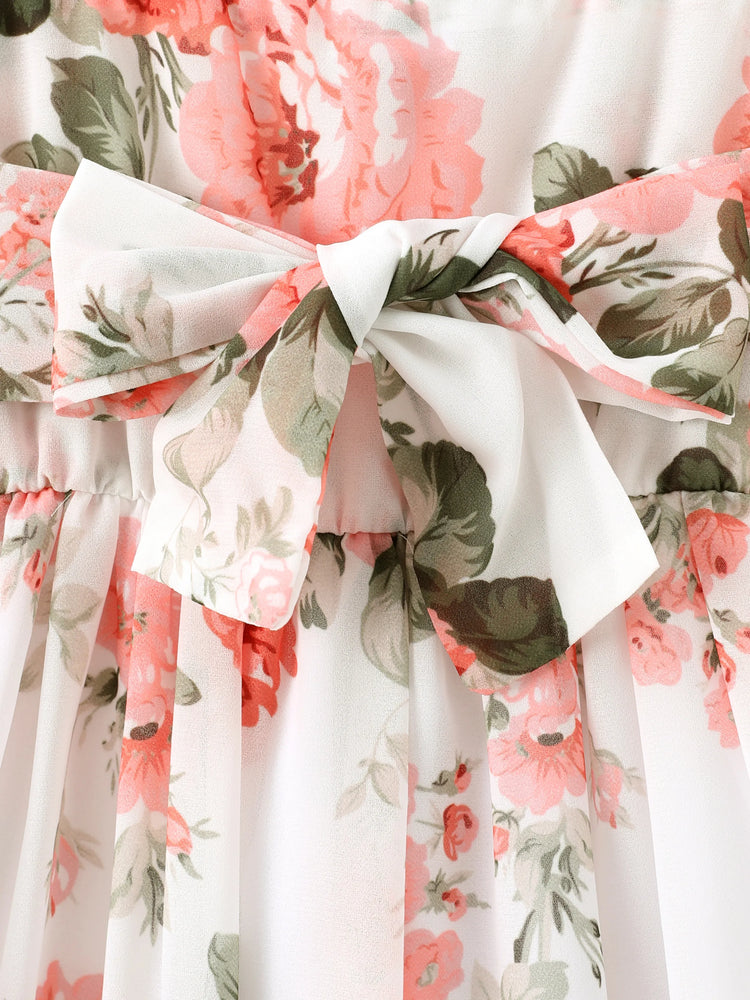 Toddler Girl Floral Print Square Neck Ruffled Bowknot Design Sleeveless Strap Dress Pink