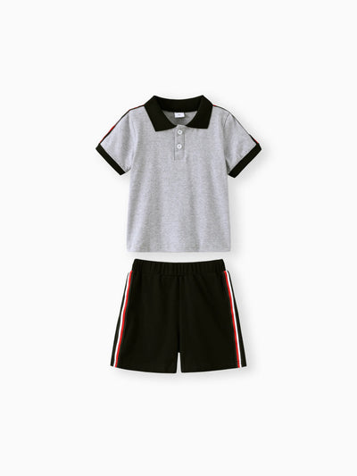 Conjunto de 2 piezas de polo y pantalones cortos a rayas con bloques de color para niño pequeño, informal, gris claro
