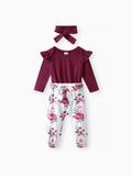 3pcs Baby Girl 95% Cotton Ruffle Long-sleeve Romper and Floral Print Pants with Headband Set Deep Magenta