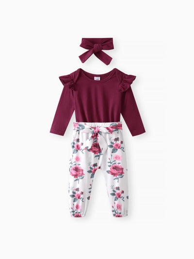 3pcs Baby Girl 95% Cotton Ruffle Long-sleeve Romper and Floral Print Pants with Headband Set Deep Magenta