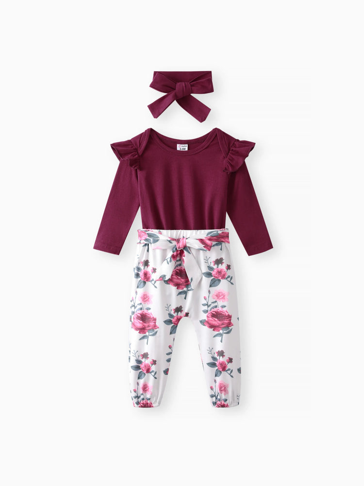 3pcs Baby Girl 95% Cotton Ruffle Long-sleeve Romper and Floral Print Pants with Headband Set Deep Magenta