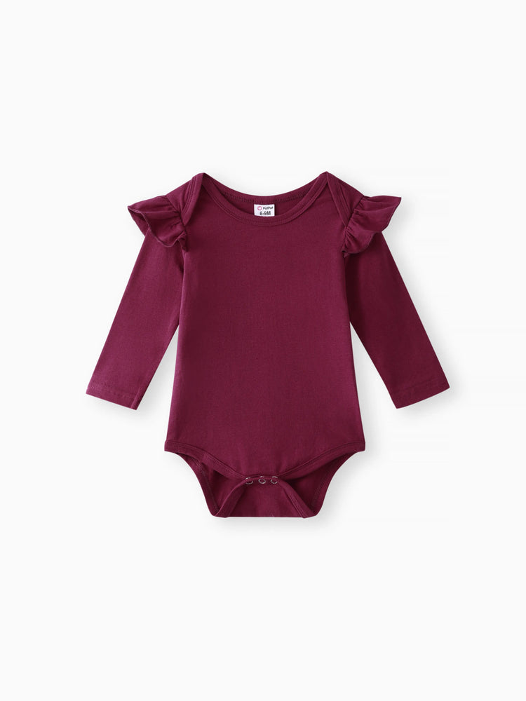 3pcs Baby Girl 95% Cotton Ruffle Long-sleeve Romper and Floral Print Pants with Headband Set Deep Magenta