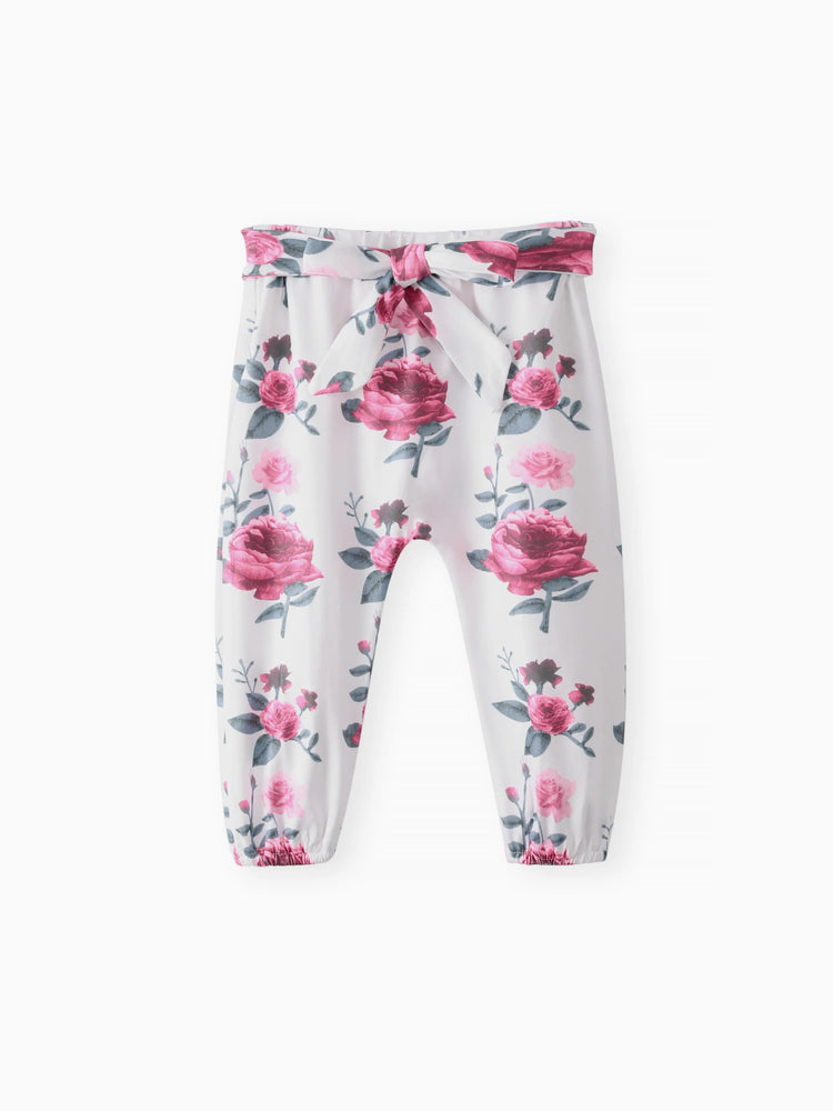 3pcs Baby Girl 95% Cotton Ruffle Long-sleeve Romper and Floral Print Pants with Headband Set Deep Magenta