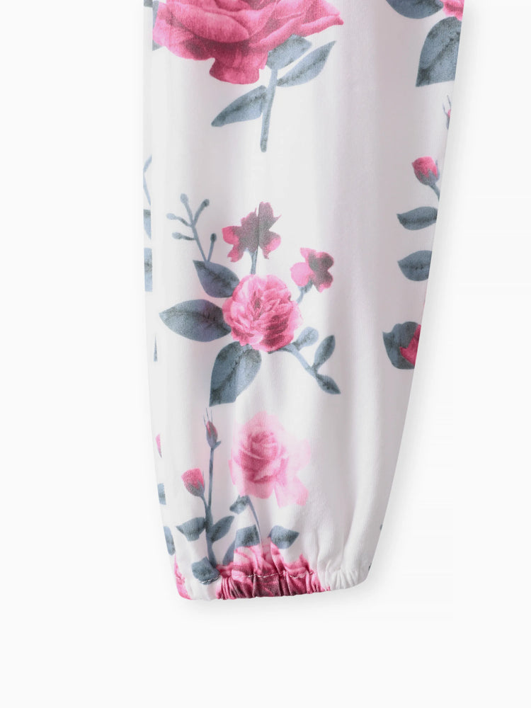 3pcs Baby Girl 95% Cotton Ruffle Long-sleeve Romper and Floral Print Pants with Headband Set Deep Magenta