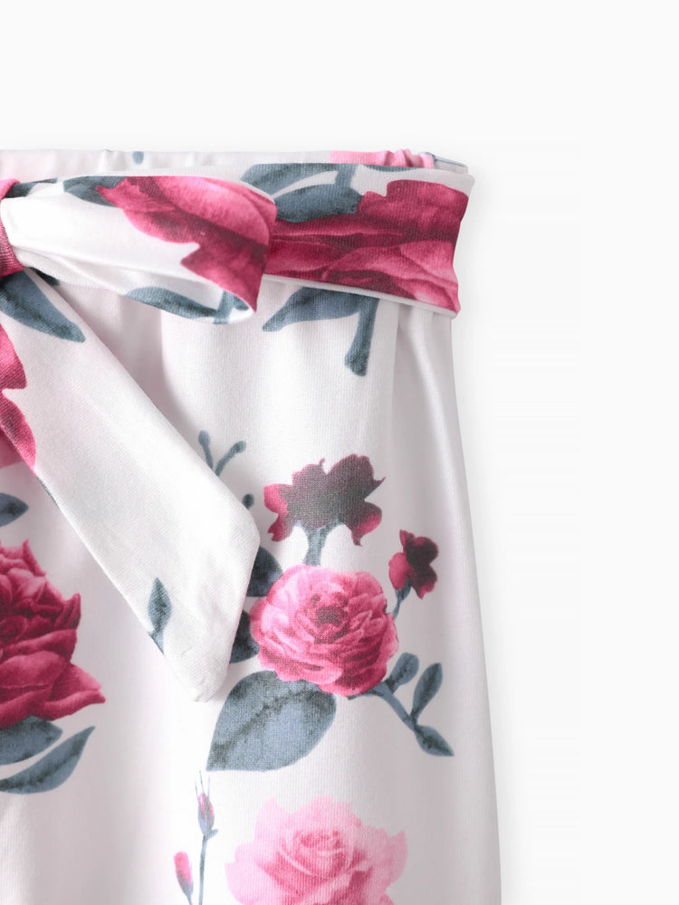 3pcs Baby Girl 95% Cotton Ruffle Long-sleeve Romper and Floral Print Pants with Headband Set Deep Magenta