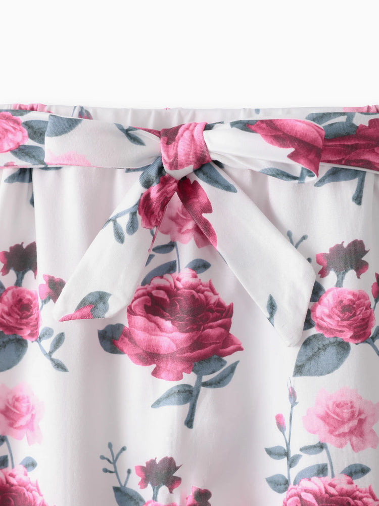 3pcs Baby Girl 95% Cotton Ruffle Long-sleeve Romper and Floral Print Pants with Headband Set Deep Magenta