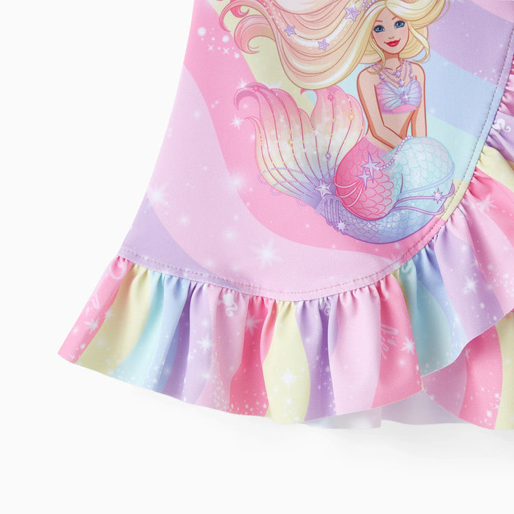 Ensemble maillot de bain 3 pièces Barbie pour petite fille, imprimé sirène arc-en-ciel magique, multicolore