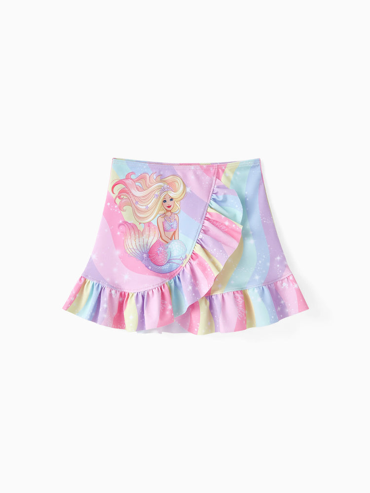 Ensemble maillot de bain 3 pièces Barbie pour petite fille, imprimé sirène arc-en-ciel magique, multicolore