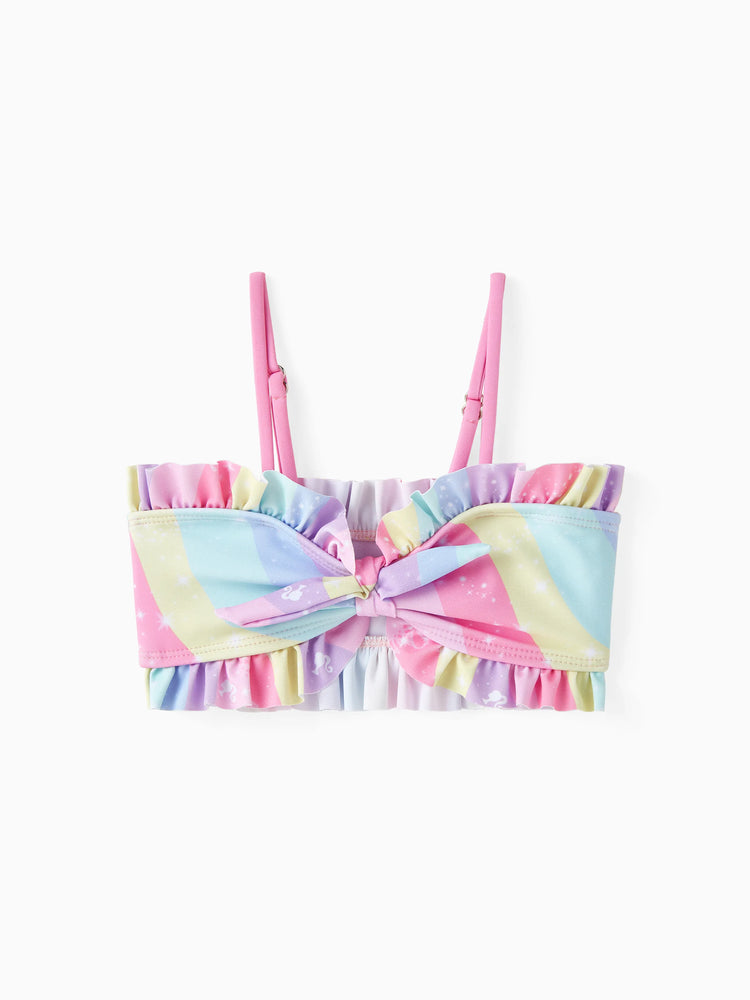 Ensemble maillot de bain 3 pièces Barbie pour petite fille, imprimé sirène arc-en-ciel magique, multicolore