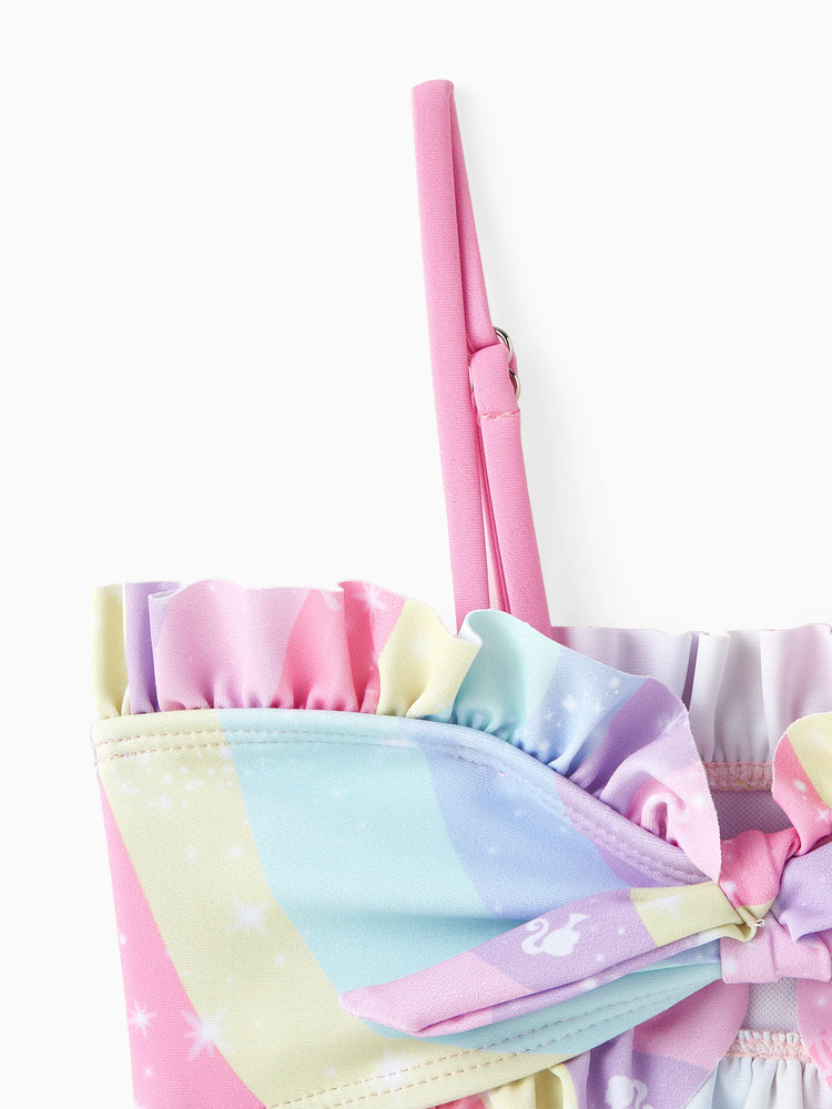 Ensemble maillot de bain 3 pièces Barbie pour petite fille, imprimé sirène arc-en-ciel magique, multicolore