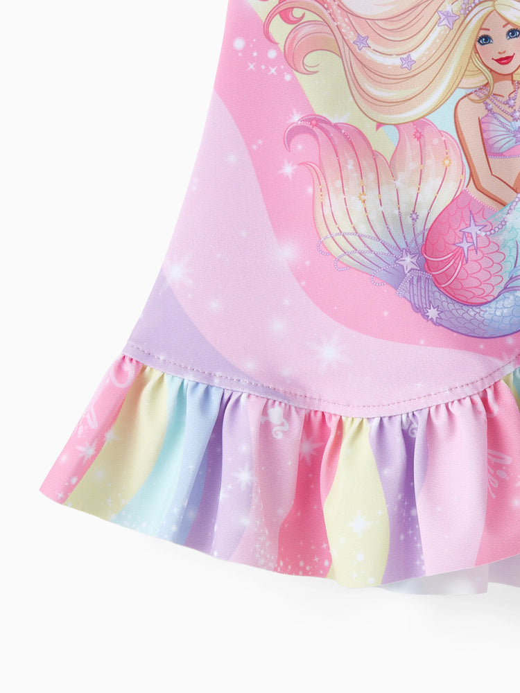 Ensemble maillot de bain 3 pièces Barbie pour petite fille, imprimé sirène arc-en-ciel magique, multicolore