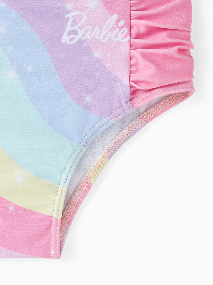 Ensemble maillot de bain 3 pièces Barbie pour petite fille, imprimé sirène arc-en-ciel magique, multicolore