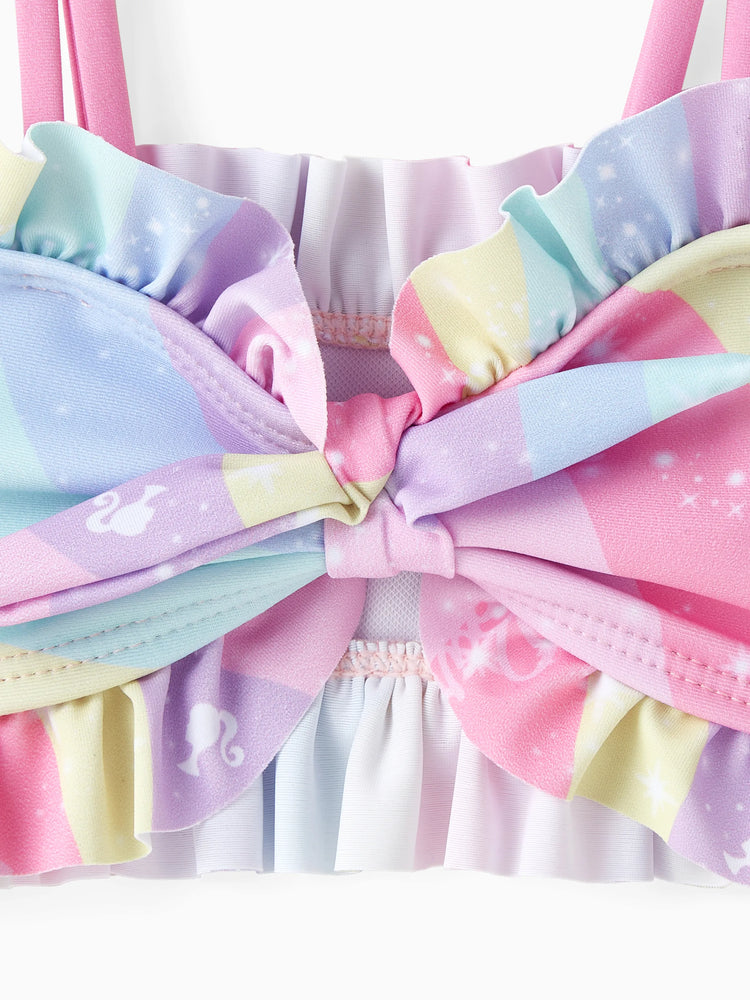 Ensemble maillot de bain 3 pièces Barbie pour petite fille, imprimé sirène arc-en-ciel magique, multicolore