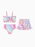 Ensemble maillot de bain 3 pièces Barbie pour petite fille, imprimé sirène arc-en-ciel magique, multicolore