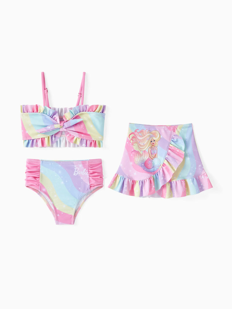 Ensemble maillot de bain 3 pièces Barbie pour petite fille, imprimé sirène arc-en-ciel magique, multicolore