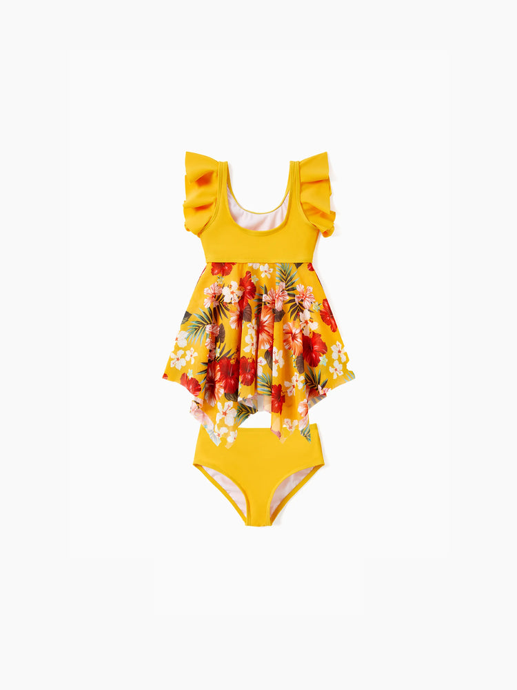 Toddler Girl Floral Drawstring Flowy Spliced Mesh Swim Dress with Triangle Swim Bottom Yellow