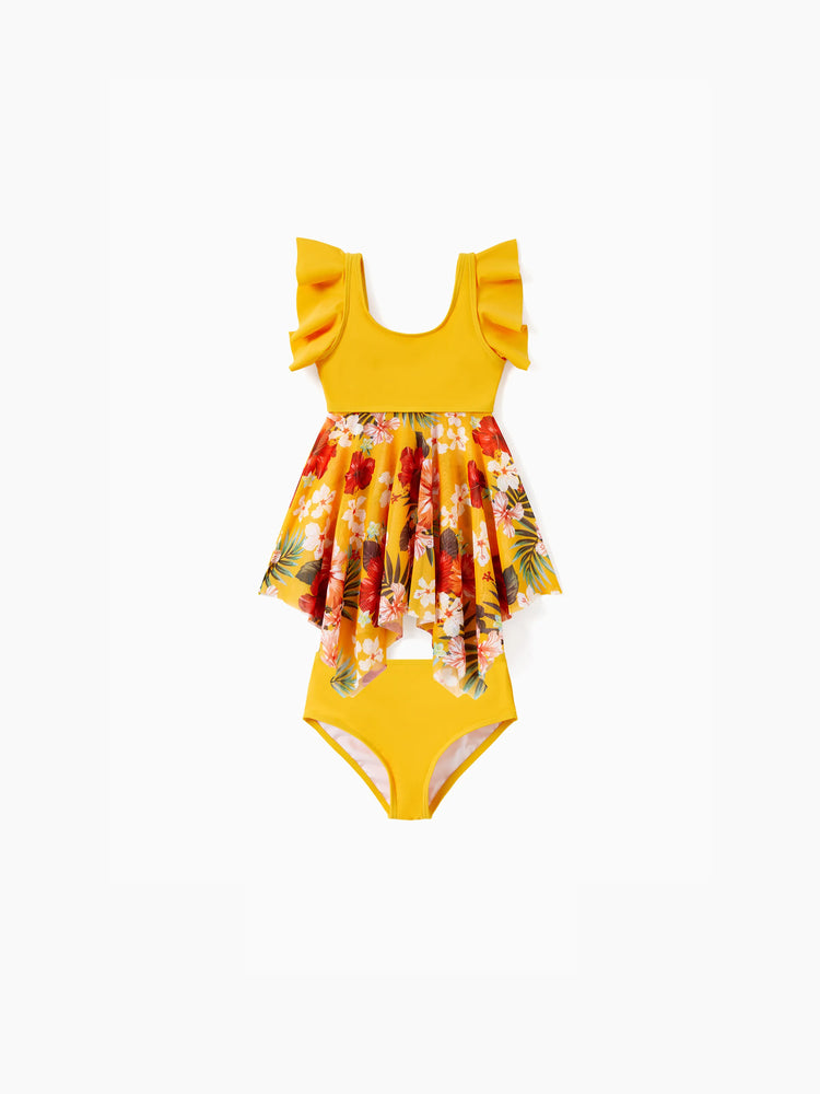 Daddy & Daughter Floral Drawstring Swim Trunks or Flowy Spliced Mesh Swim Dress with Triangle Swim Bottom Yellow