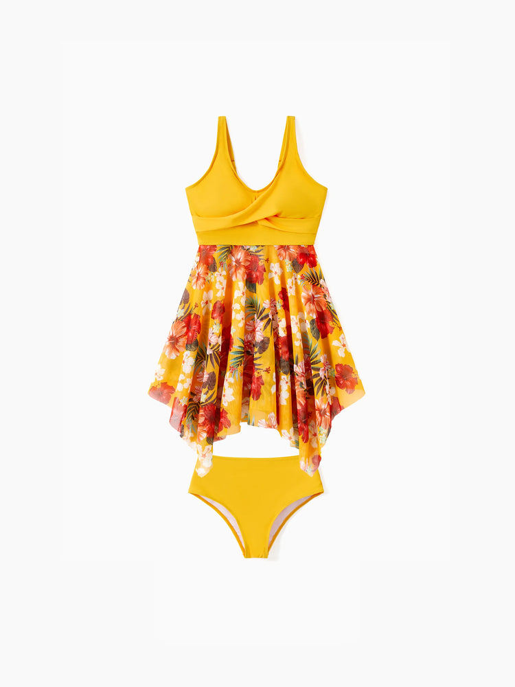 Mommy & me Floral Drawstring Flowy Spliced Mesh Swim Dress with Triangle Swim Bottom Yellow