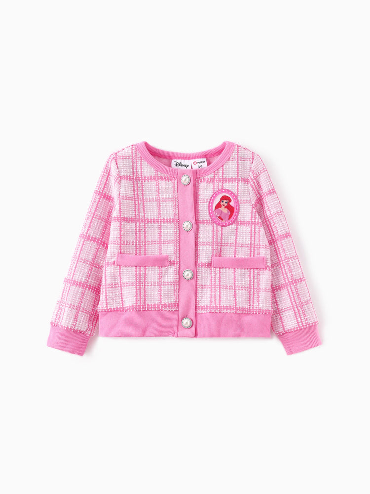 Ensemble 2 pièces cardigan et jupe en tweed à carreaux style Preppy pour petite fille, motif princesse Disney Ariel, rose