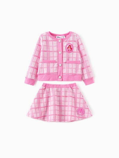 Ensemble 2 pièces cardigan et jupe en tweed à carreaux style Preppy pour petite fille, motif princesse Disney Ariel, rose