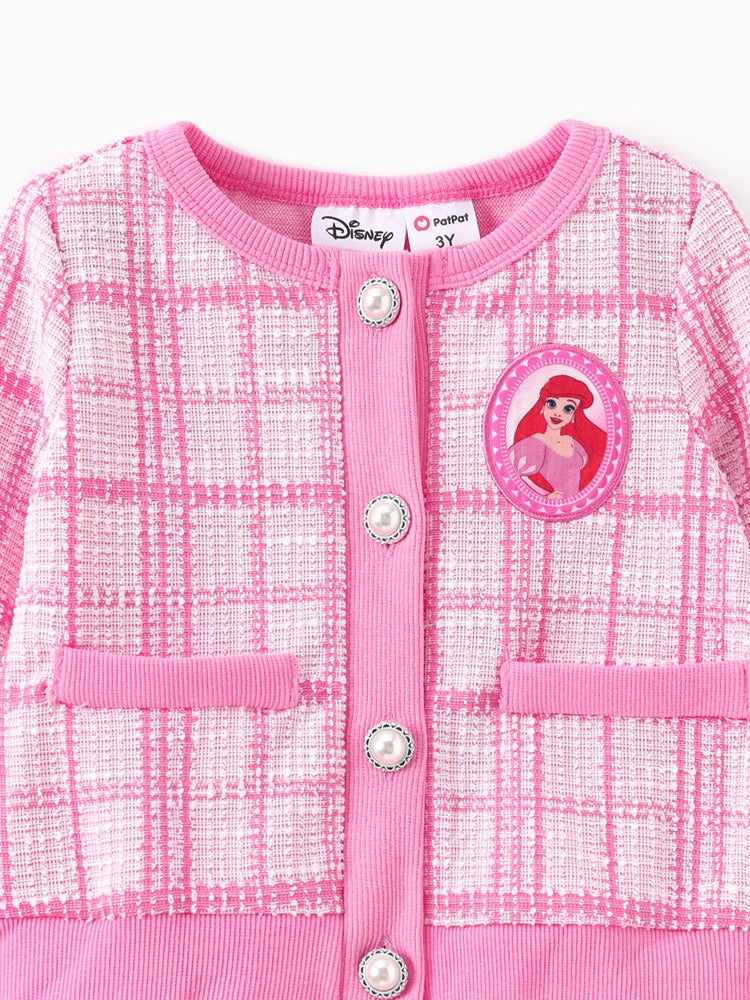 Ensemble 2 pièces cardigan et jupe en tweed à carreaux style Preppy pour petite fille, motif princesse Disney Ariel, rose