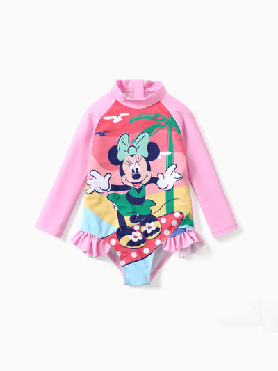 Disney Mickey and Friends 1pc Toddler/Kids Girls Minnie Mouse Ruffled Long-Sleeve Swimsuit Pink