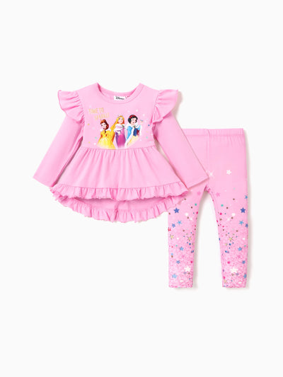 Ensemble 2 pièces haut à manches longues à volants et pantalon à paillettes pour petite fille Disney Princess, rose