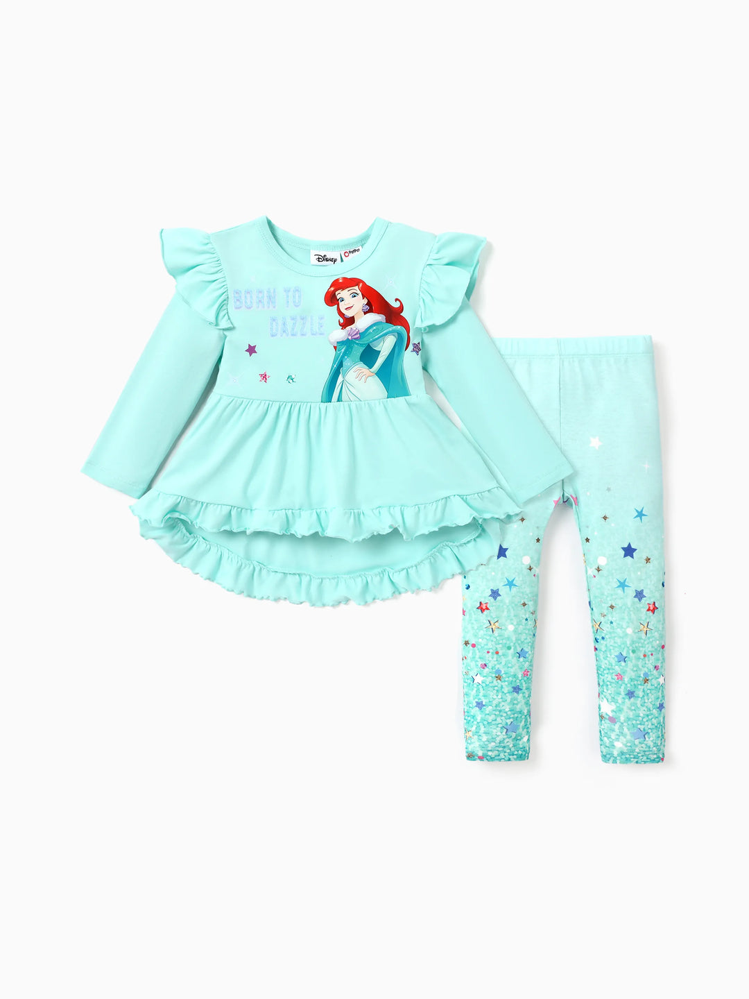 Disney Princess Toddler Girl 2pcs Ariel Ruffled Long-sleeve Top and Sequins Pants Set BlueGreen