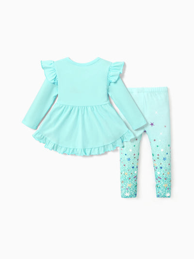 Disney Prinzessin Mädchen 2tlg. Ariel Volant-Langarm-Top und Pailletten-Hose Set Blaugrün