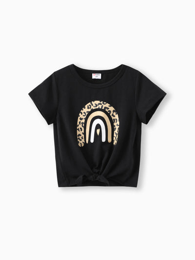 T-shirt à manches courtes et nœud papillon imprimé arc-en-ciel pour petite fille, noir