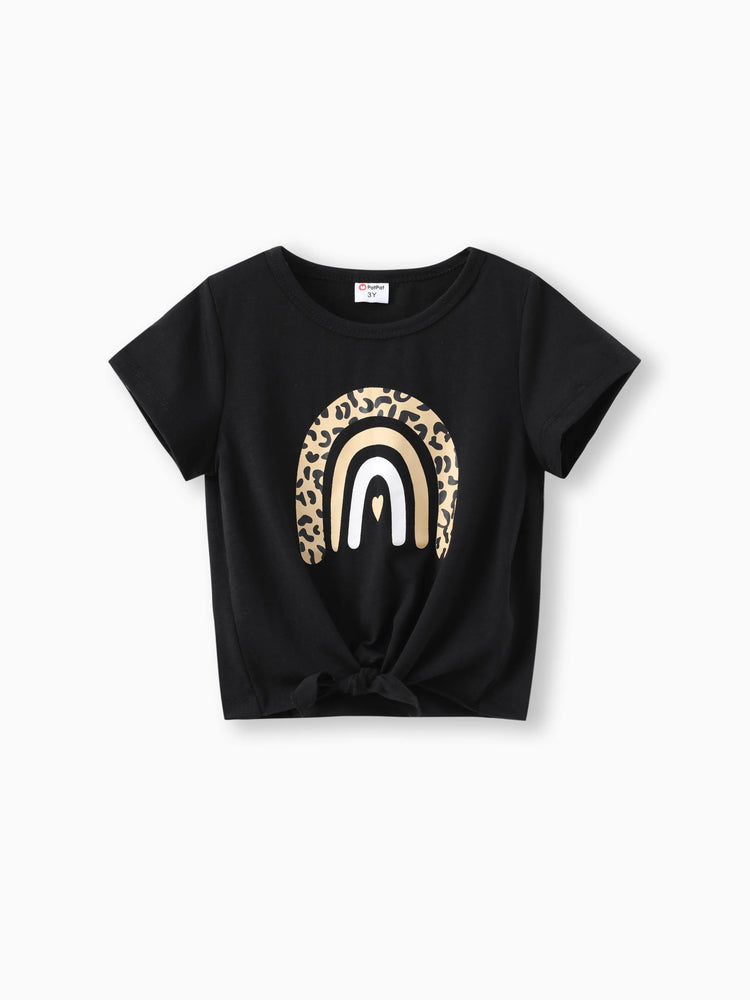 T-shirt à manches courtes et nœud papillon imprimé arc-en-ciel pour petite fille, noir