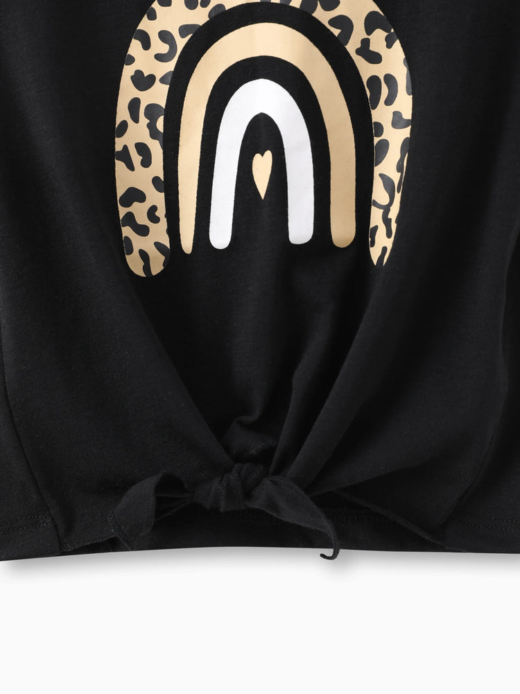 T-shirt à manches courtes et nœud papillon imprimé arc-en-ciel pour petite fille, noir
