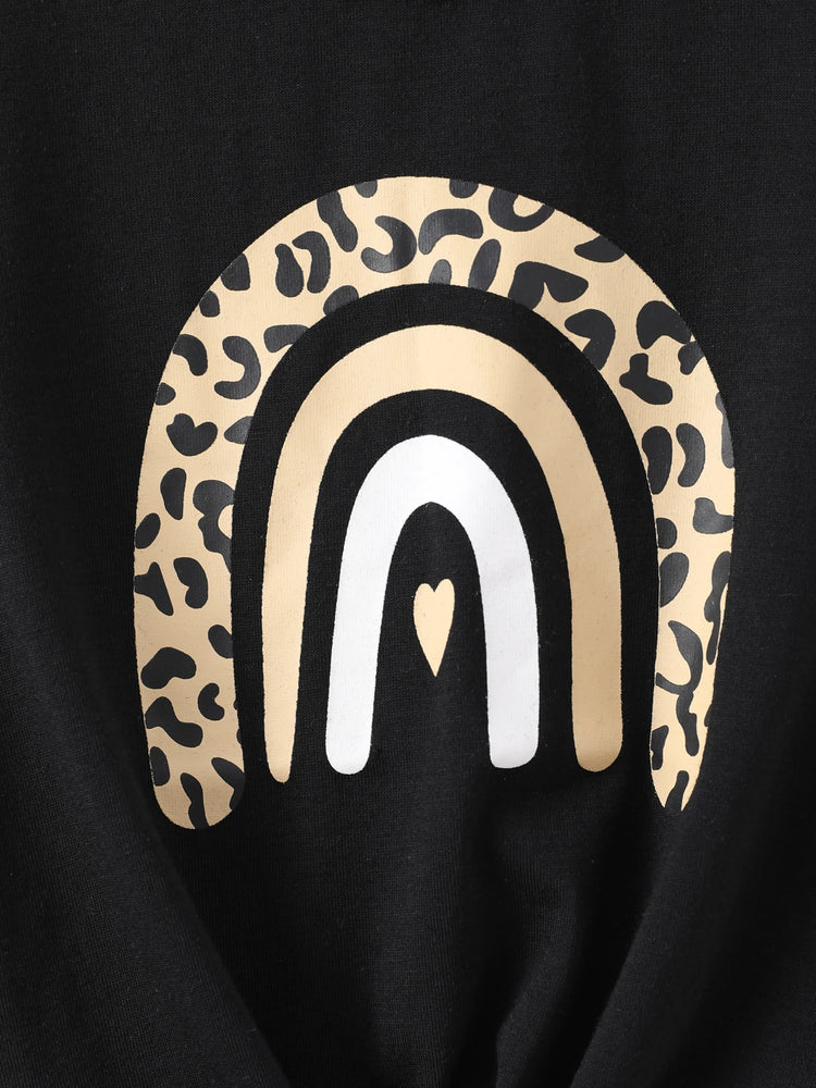 T-shirt à manches courtes et nœud papillon imprimé arc-en-ciel pour petite fille, noir