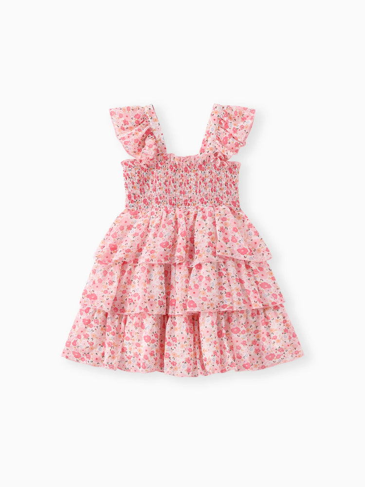 Kleinkind Mädchen süßes gesmoktes ärmelloses Kleid mit Blumendruck rosa