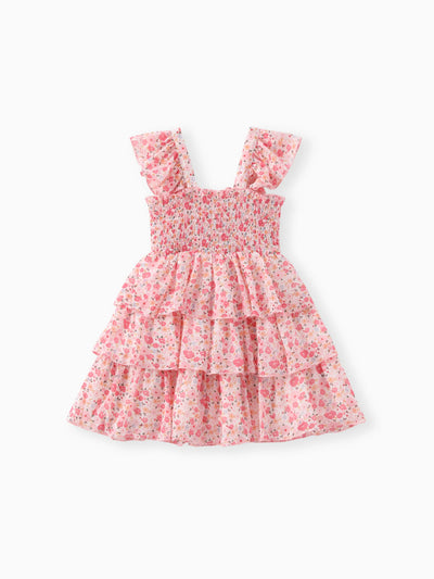 Vestido rosa sin mangas con volantes y estampado floral dulce para niña pequeña